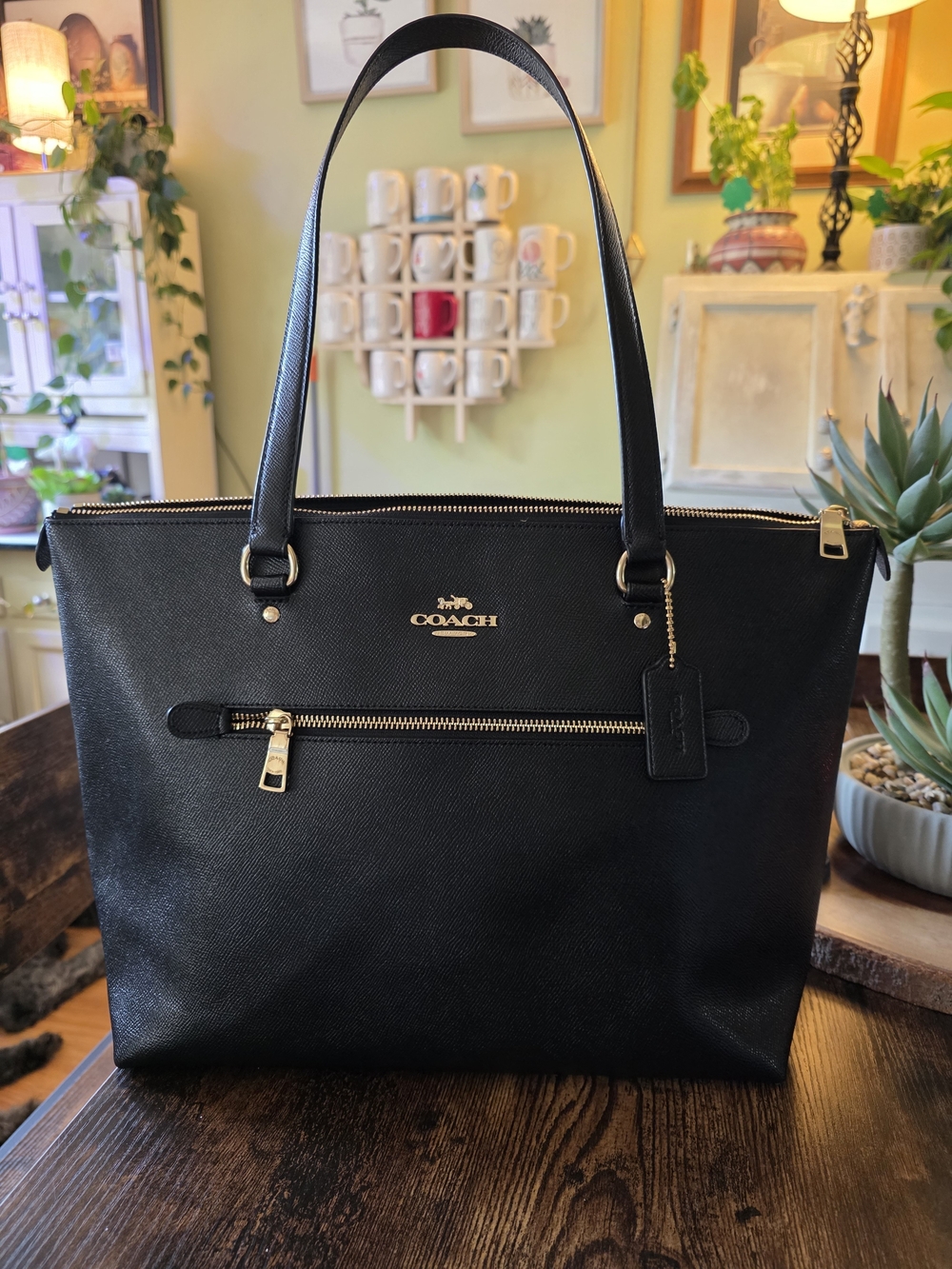 Coach Black Leather Tote with Gold-Tone Accents